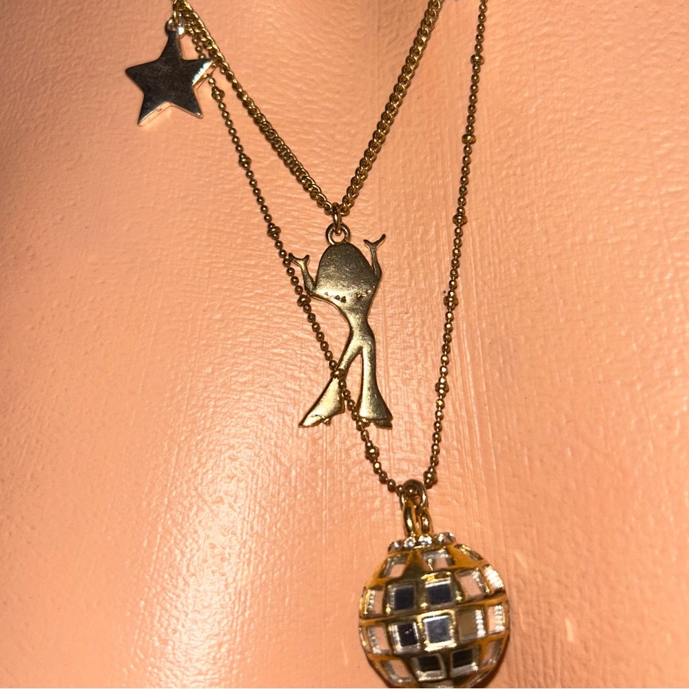 Betsey Johnson disco ball  doll star diamond Marilyn charm necklace vintage N109